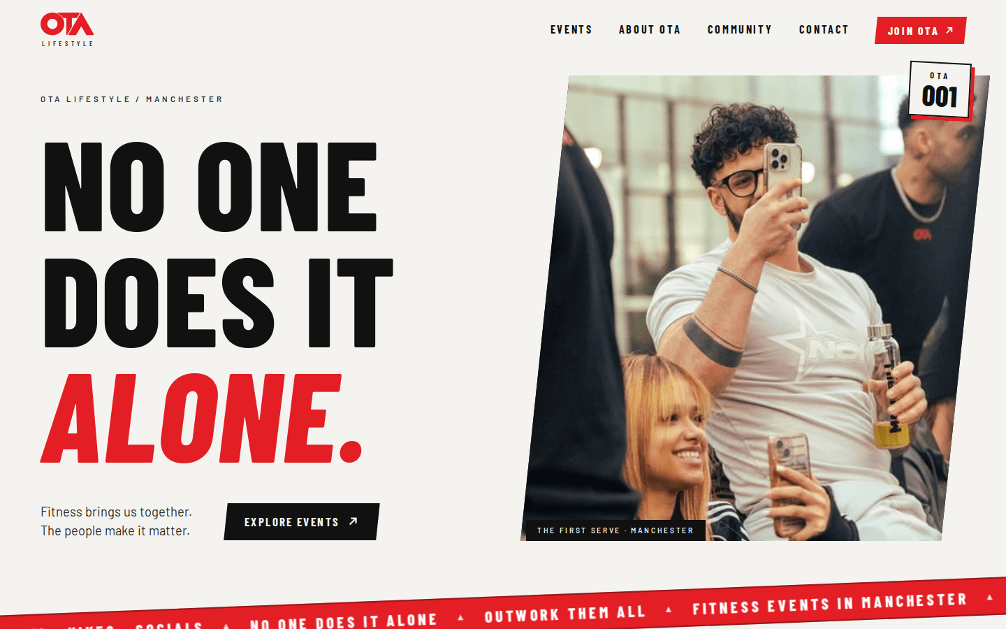 OTA Lifestyle’s website: bold red and black typography beside photography from its Manchester community