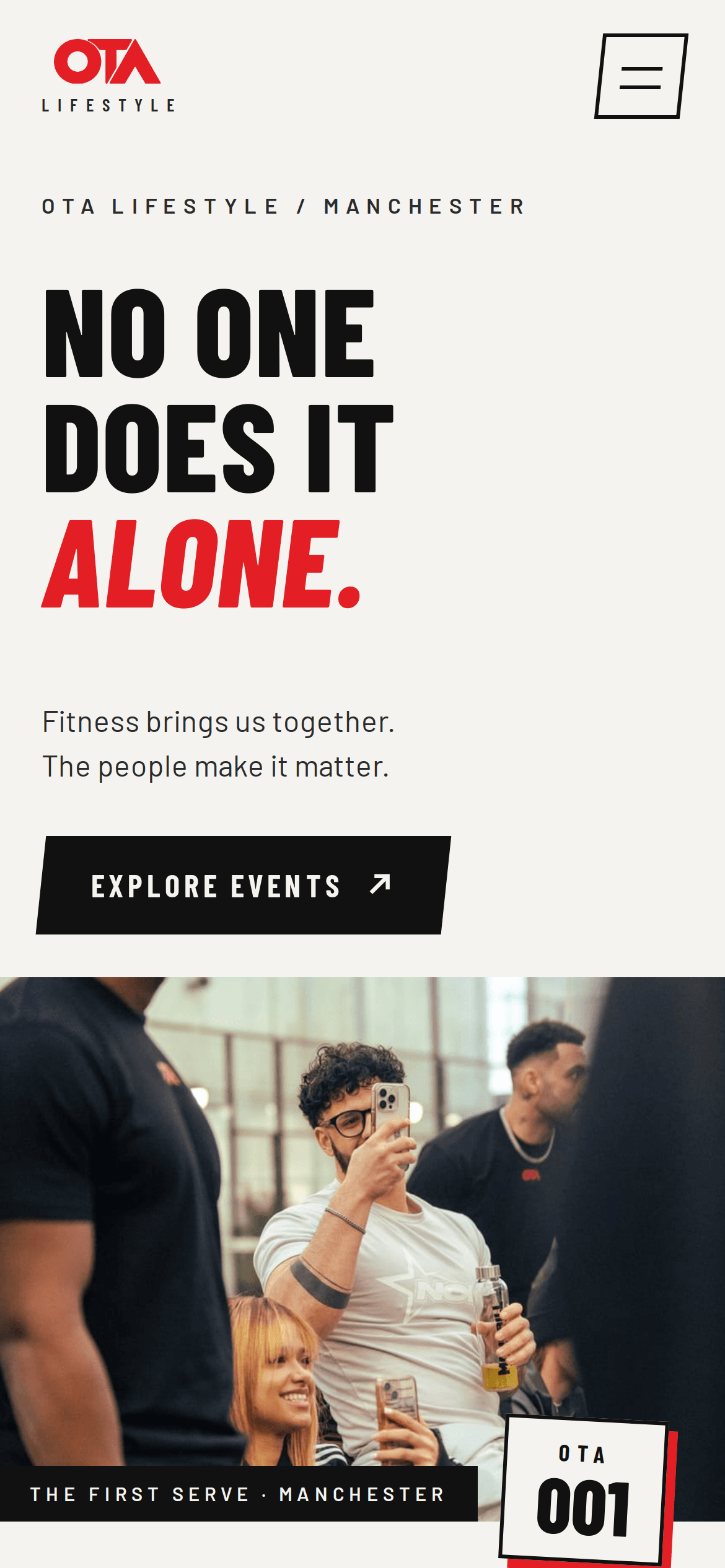 The actual OTA mobile homepage, with its community photograph and event identity